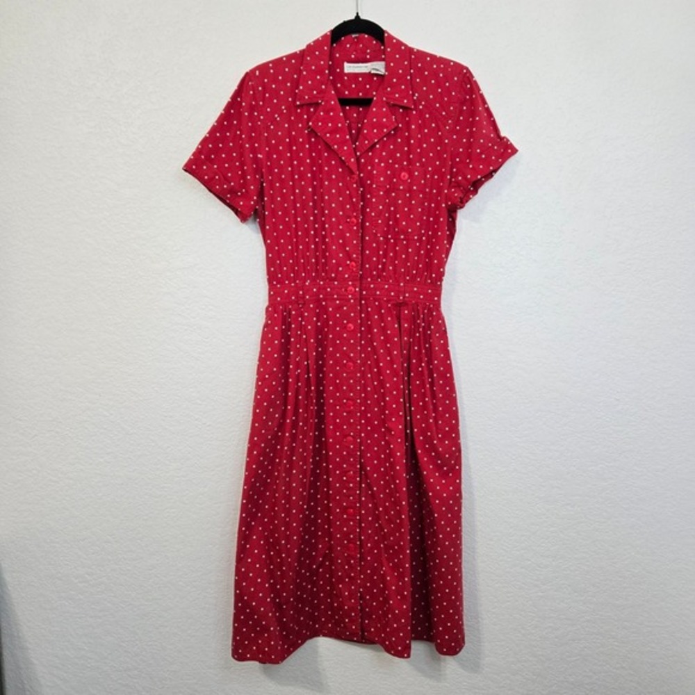 Liz Claiborne 10 Vintage Red Polka Dot Dress Party Button down with Pockets Cute